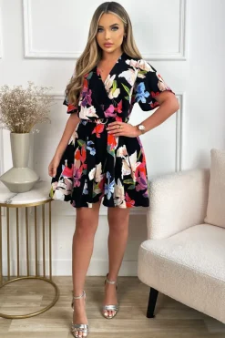 Multi Floral Printed Wrap Over Belted Skater Dress