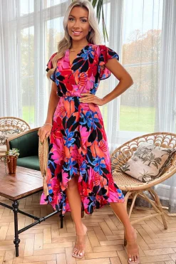 Multi Floral Printed Wrap Over Top Frill Hem Midi Dress