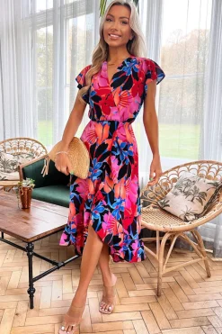Multi Floral Printed Wrap Over Top Frill Hem Midi Dress
