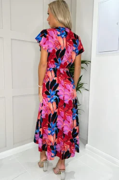 Multi Floral Printed Wrap Over Top Frill Hem Midi Dress
