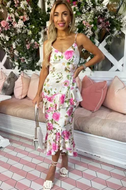 Multi Floral Satin Ruffle Midi Dress