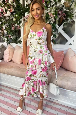 Multi Floral Satin Ruffle Midi Dress