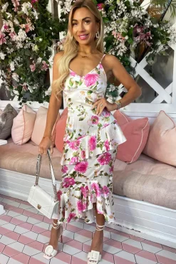 Multi Floral Satin Ruffle Midi Dress