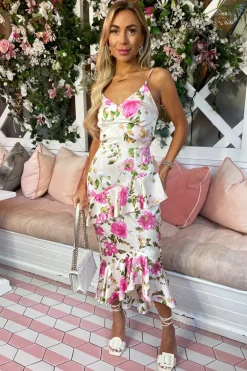 Multi Floral Satin Ruffle Midi Dress