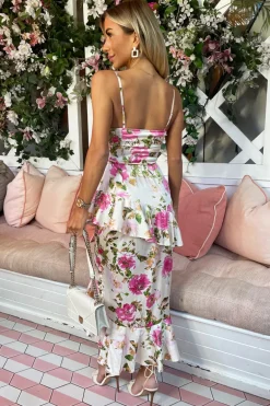 Multi Floral Satin Ruffle Midi Dress