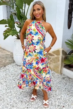 Multi Garden Print Racer Neck Frill Hem Midi Dress