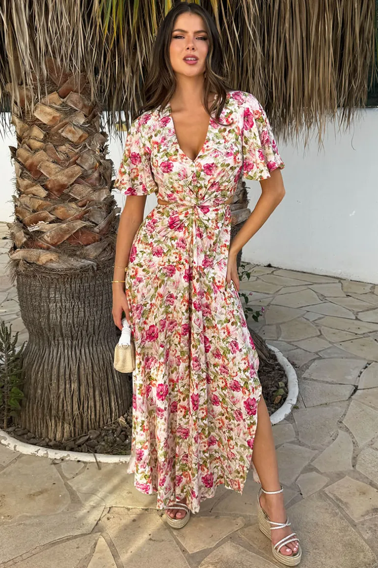 Multi Garden Print V Neck Cut Out Knot Detail Midi Dress