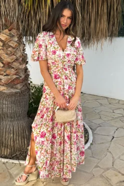Multi Garden Print V Neck Cut Out Knot Detail Midi Dress