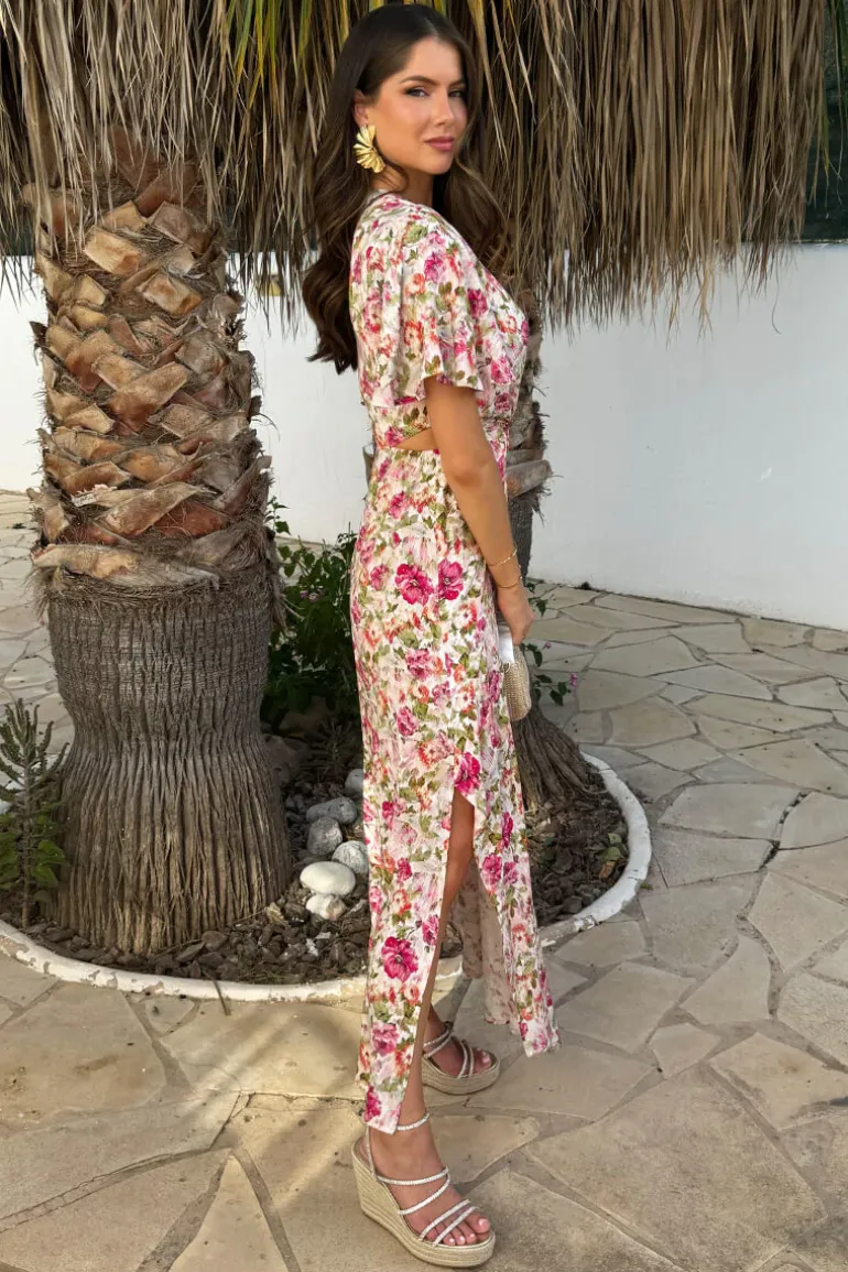 Multi Garden Print V Neck Cut Out Knot Detail Midi Dress