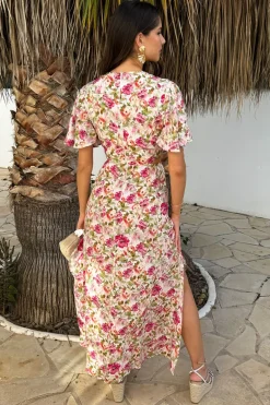 Multi Garden Print V Neck Cut Out Knot Detail Midi Dress