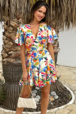Multi Garden Print Wrap Top Short Sleeve Skater Mini Dress