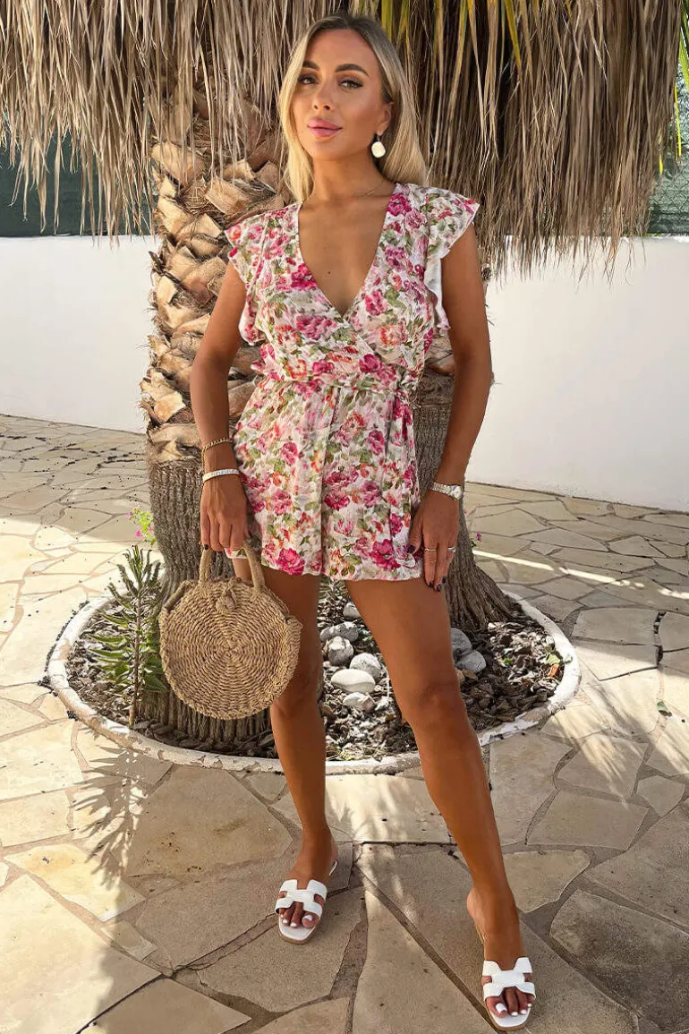 Multi Garden Print Wrap Top Tie Waist Playsuit