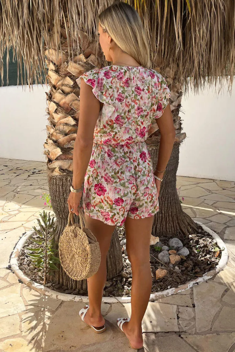 Multi Garden Print Wrap Top Tie Waist Playsuit