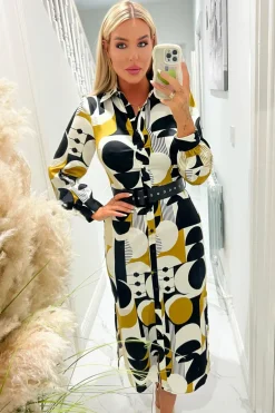 Multi Geometric Print Button Front Belted Shirt Midi Dress