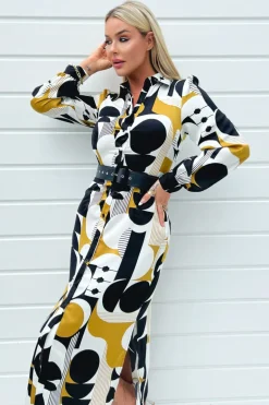 Multi Geometric Print Button Front Belted Shirt Midi Dress