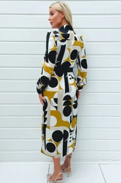 Multi Geometric Print Button Front Belted Shirt Midi Dress