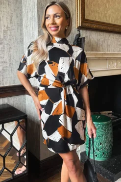 Multi Geometric Print High Neck Mini Dress