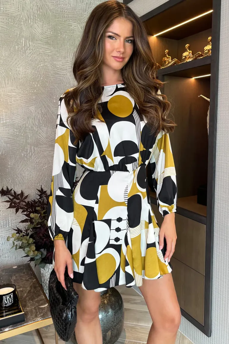 Multi Geometric Print Long Sleeve Skater Mini Dress