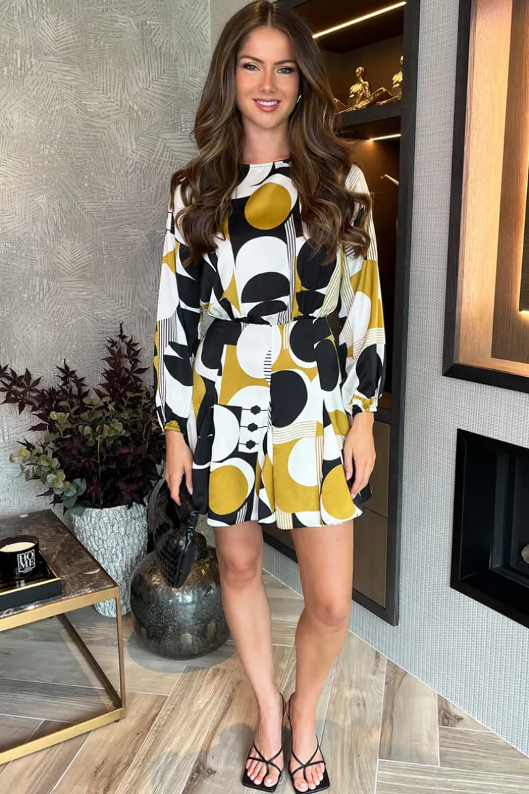 Multi Geometric Print Long Sleeve Skater Mini Dress