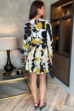 Multi Geometric Print Long Sleeve Skater Mini Dress