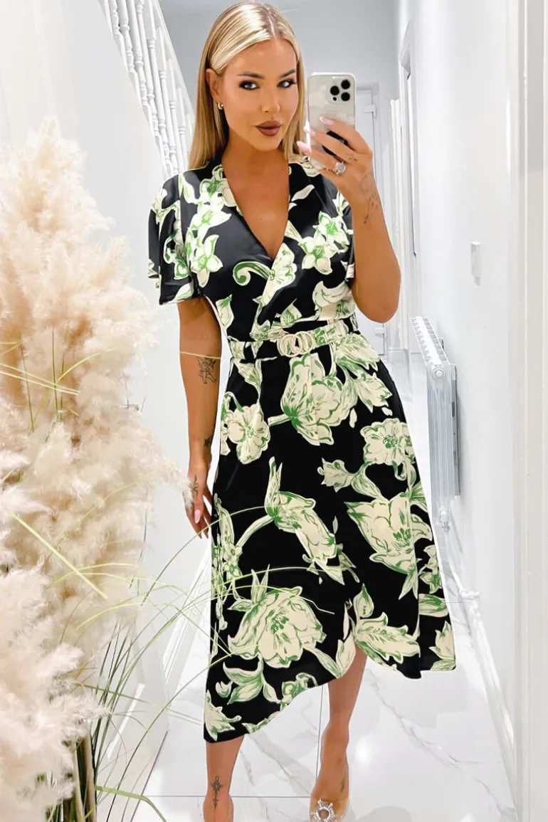 Multi Green And Black Floral Printed Short Sleeve Belted Wrap Midi Dress