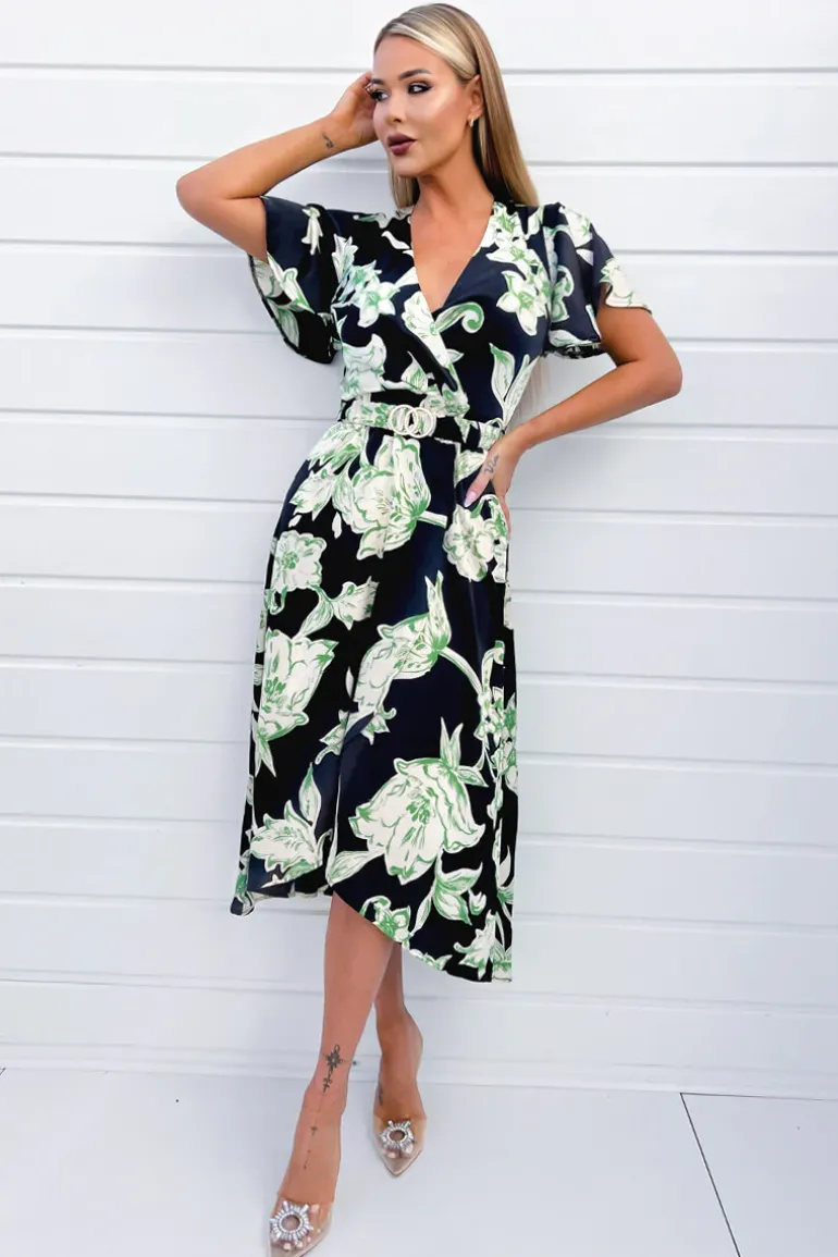 Multi Green And Black Floral Printed Short Sleeve Belted Wrap Midi Dress