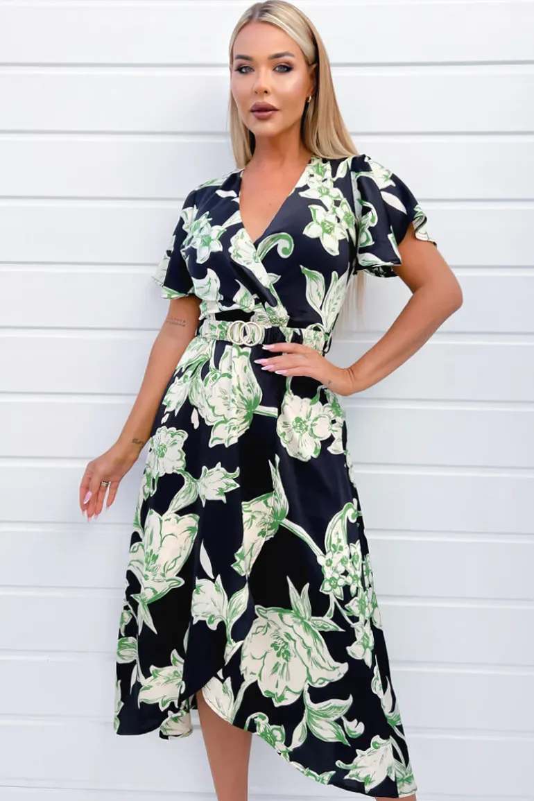Multi Green And Black Floral Printed Short Sleeve Belted Wrap Midi Dress