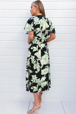 Multi Green And Black Floral Printed Short Sleeve Belted Wrap Midi Dress