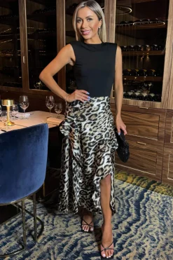 Multi Leopard Print 2 In 1 Double Frill Split Midi Dress