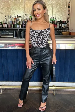 Multi Leopard Print Mesh Strappy Cowl Neck Bodysuit