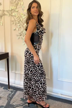 Multi Leopard Print Mesh Cowl Neck Slip Midi Dress