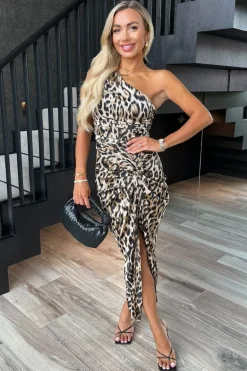 Multi Leopard Print One Shoulder Knot Skirt Satin Midi Dress