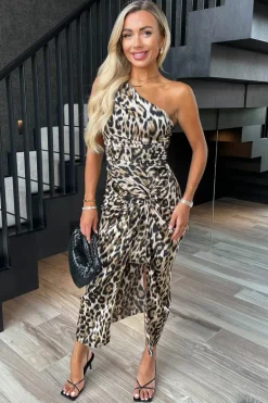 Multi Leopard Print One Shoulder Knot Skirt Satin Midi Dress