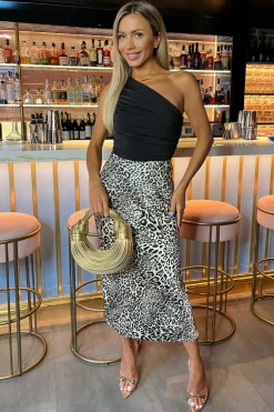 Multi Leopard Print Satin Midi Length Skirt