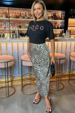 Multi Leopard Print Satin Midi Length Skirt