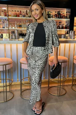 Multi Leopard Print Satin Midi Length Skirt