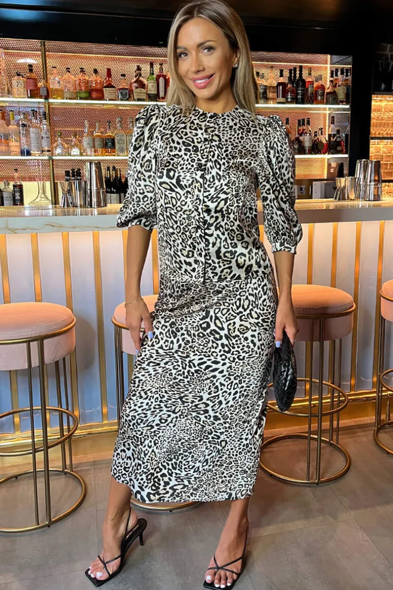 Multi Leopard Print Satin Button Front Top