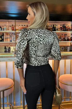 Multi Leopard Print Satin Button Front Top