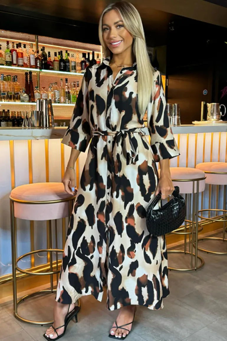 Multi Leopard Print Shirt Midi Dress