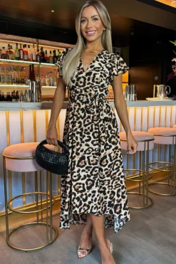 Multi Leopard Print Short Sleeve Belted Wrap Midi Dress