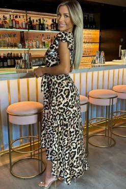 Multi Leopard Print Short Sleeve Belted Wrap Midi Dress