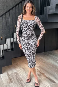 Multi Leopard Print Square Neck Mesh Bodycon Midi Dress