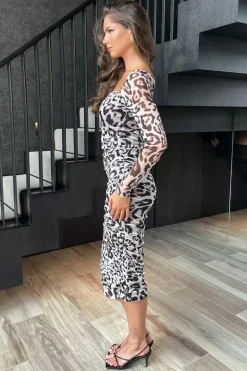 Multi Leopard Print Square Neck Mesh Bodycon Midi Dress