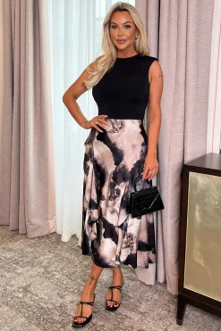 Multi Marble Print 2 In 1 Double Frill Split Midi Dress