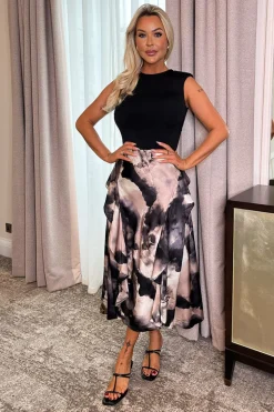 Multi Marble Print 2 In 1 Double Frill Split Midi Dress