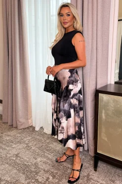 Multi Marble Print 2 In 1 Double Frill Split Midi Dress