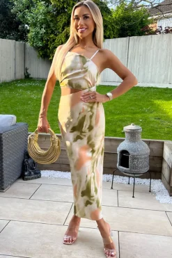 Multi Marble Print Asymmetric Cut Out Midi Dress