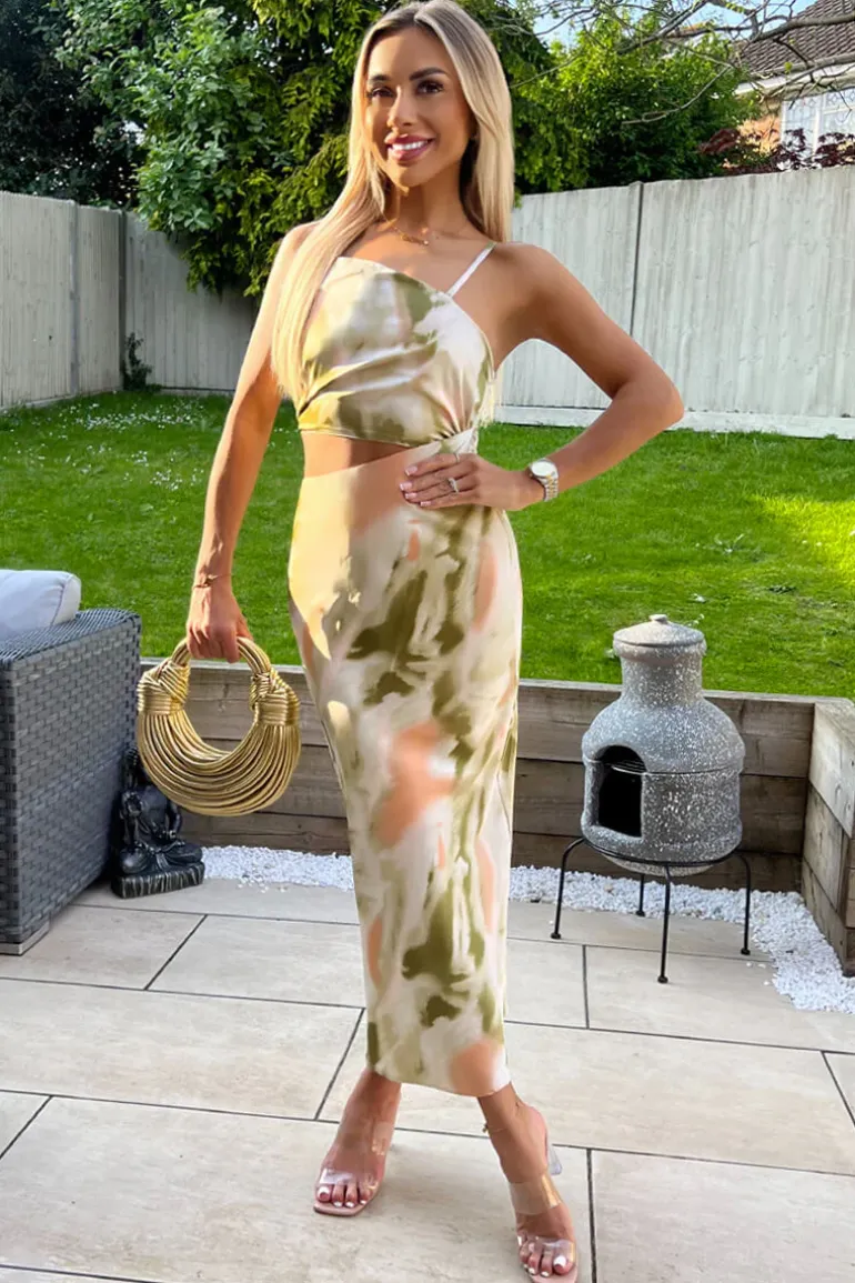 Multi Marble Print Asymmetric Cut Out Midi Dress