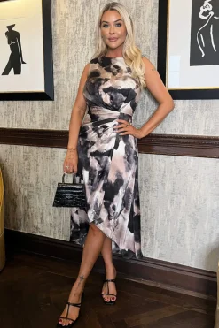 Multi Marble Print Gathered Midi Dress With Shoulder Pads