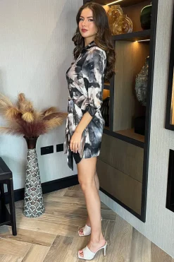 Multi Marble Print Gathered Wrap Shirt Mini Dress